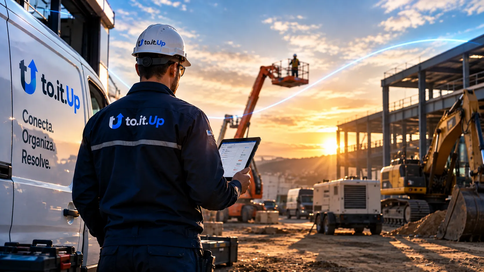 Técnico de uniforme azul-noite e capacete da to.it.Up, de costas, consulta um tablet diante de um canteiro ao entardecer, com a van de serviço da to.it.Up ao lado e plataforma elevatória, gerador e escavadeira em operação ao fundo.