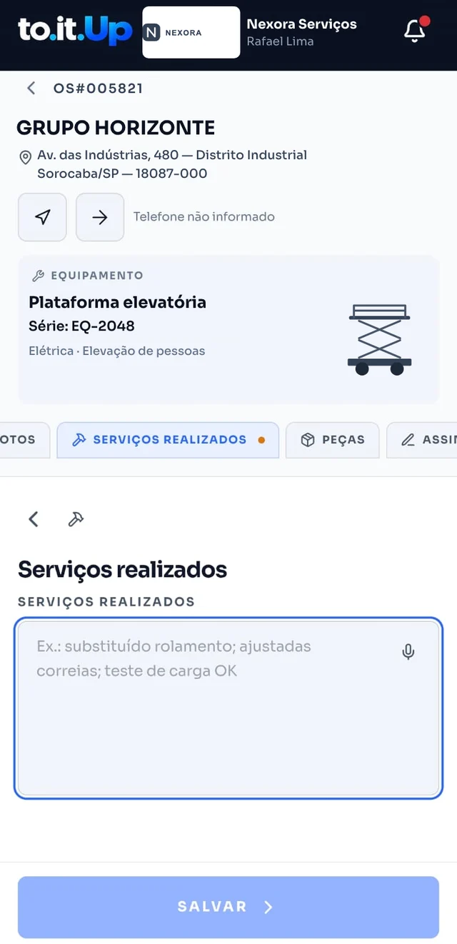 Execução no Field: registro dos serviços realizados por texto ou voz.
