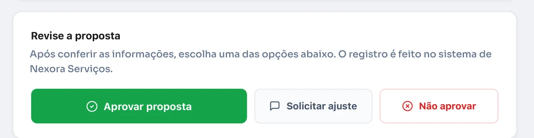Bloco de decisão da proposta com as opções aprovar proposta, solicitar ajuste e não aprovar.